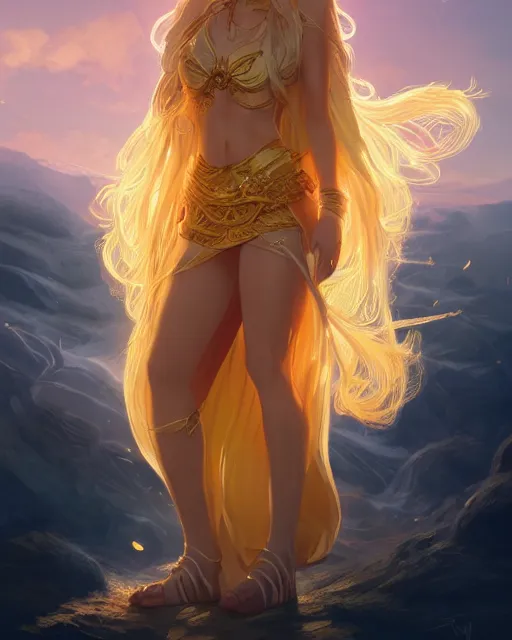 Image similar to a beautiful sun goddess, flowy yellow golden hair, golden eyes, sun, summer, cinematic lighting, highly detailed, digital painting, trending on artstation, pixiv, concept art, sharp focus, illustration, art by ross tran and wlop, dark art