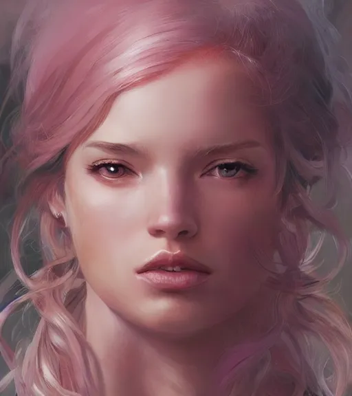 Image similar to full portrait of a young, attractive woman, soft hair, muscular, half body, cloth, pink hair, d & d, fantasy, intricate, elegant, highly detailed, digital painting, artstation, concept art, smooth, sharp focus, illustration, art by artgerm and greg rutkowski and alphonse mucha