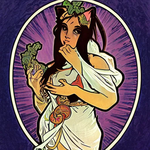 Image similar to a cat in the style of alphonse mucha