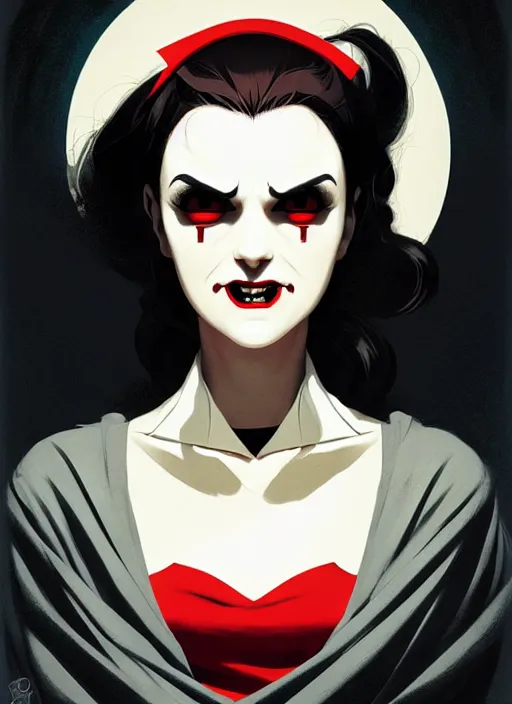 Image similar to scary female vampire nurse, symmetrical face, evil grin, portrait size, cinematic, dramatic, super detailed and intricate, by koson ohara, by darwyn cooke, by greg rutkowski, by satoshi kon