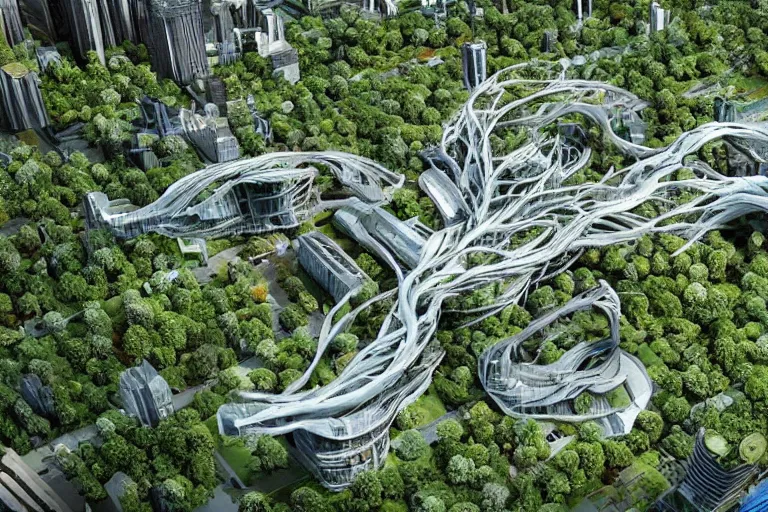 Prompt: birds eye view of a gigantic drift wood monster looming over a bright and lush futuristic city, video footage