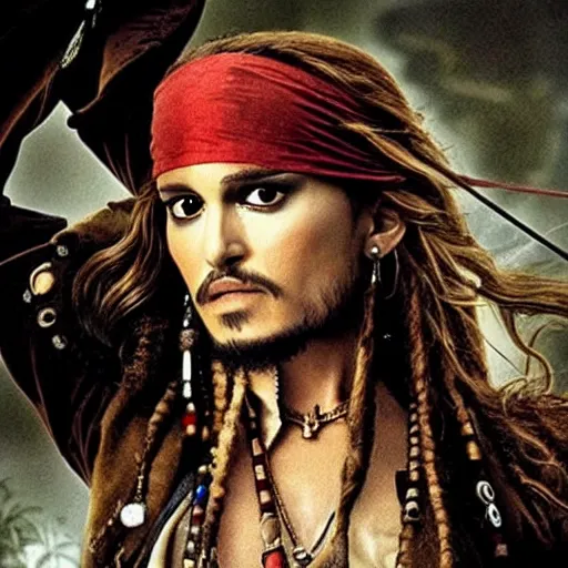 Prompt: Natalie Portman as Captain Jack Sparrow (Pirates of the Caribbean), dramatic cinematic portrait, rain