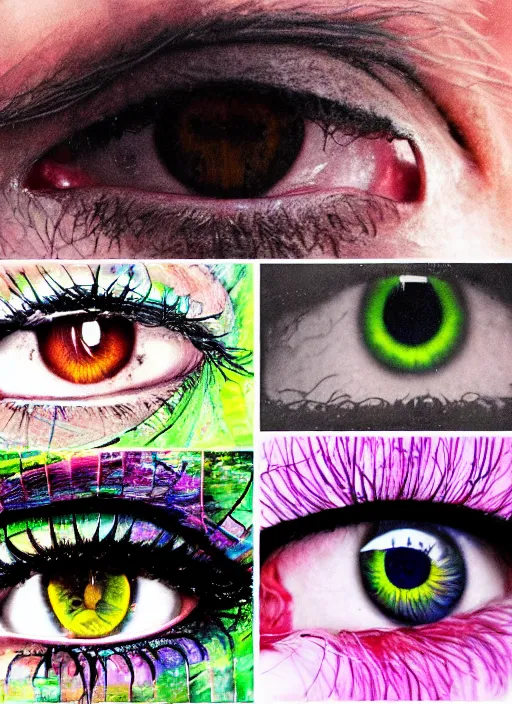 Image similar to grid montage of eyes, detailed colored textures, eyelashes, advanced art, art styles mix, from wikipedia, wet reflections in eyes, sunshine light, hd macro photograph, from side, various eyelid positions, black pupil centered