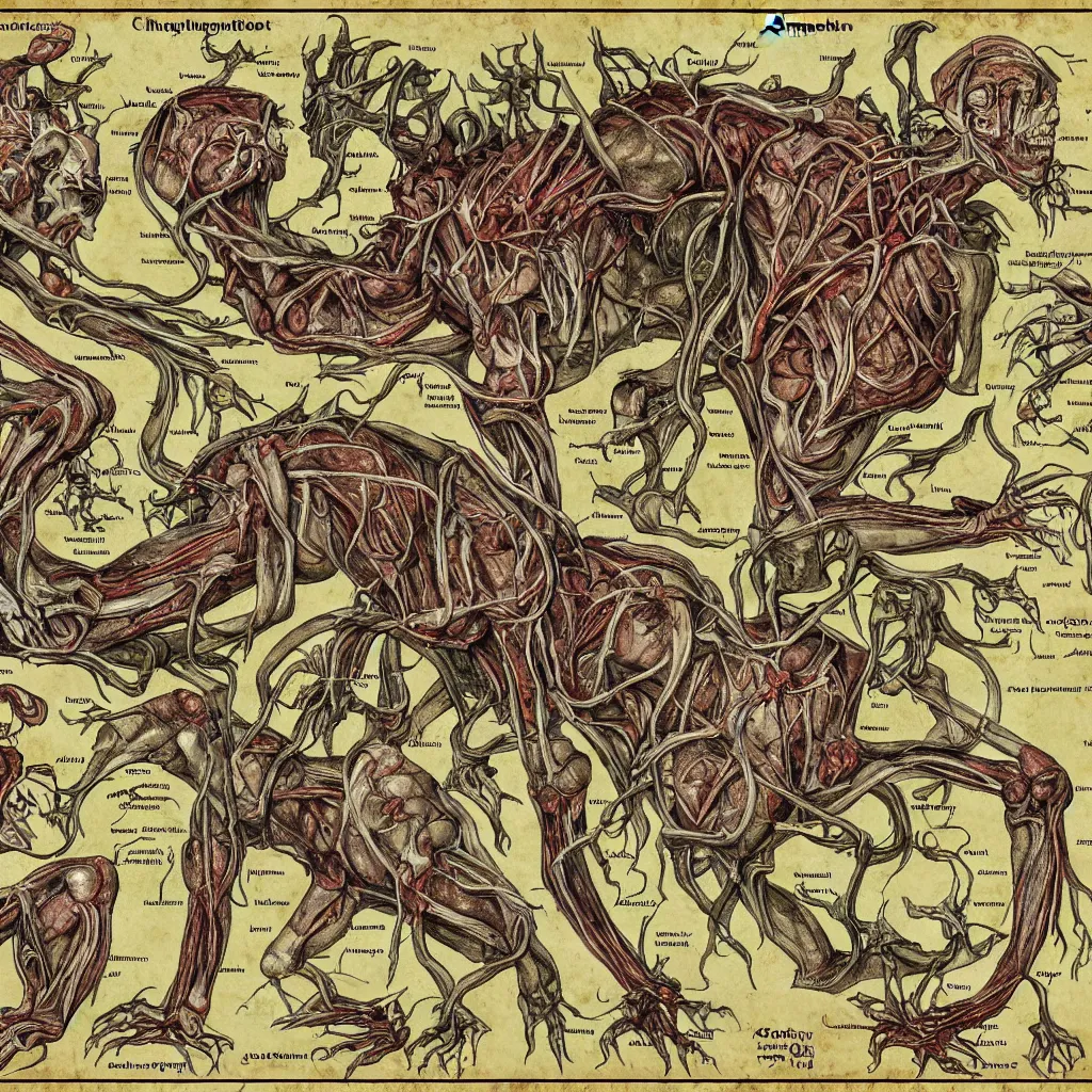 Image similar to creature informative map, chtulhu anatomy, flesh, bones and organs visible, highly detailed, d & d style