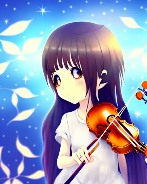 Image similar to anime style, realism, chibi, full body, a cute girl with white skin and golden long wavy hair holding a violin and playing a song, heavenly, stunning, realistic light and shadow effects, happy, centered, landscape shot, happy, simple background, studio ghibly makoto shinkai yuji yamaguchi