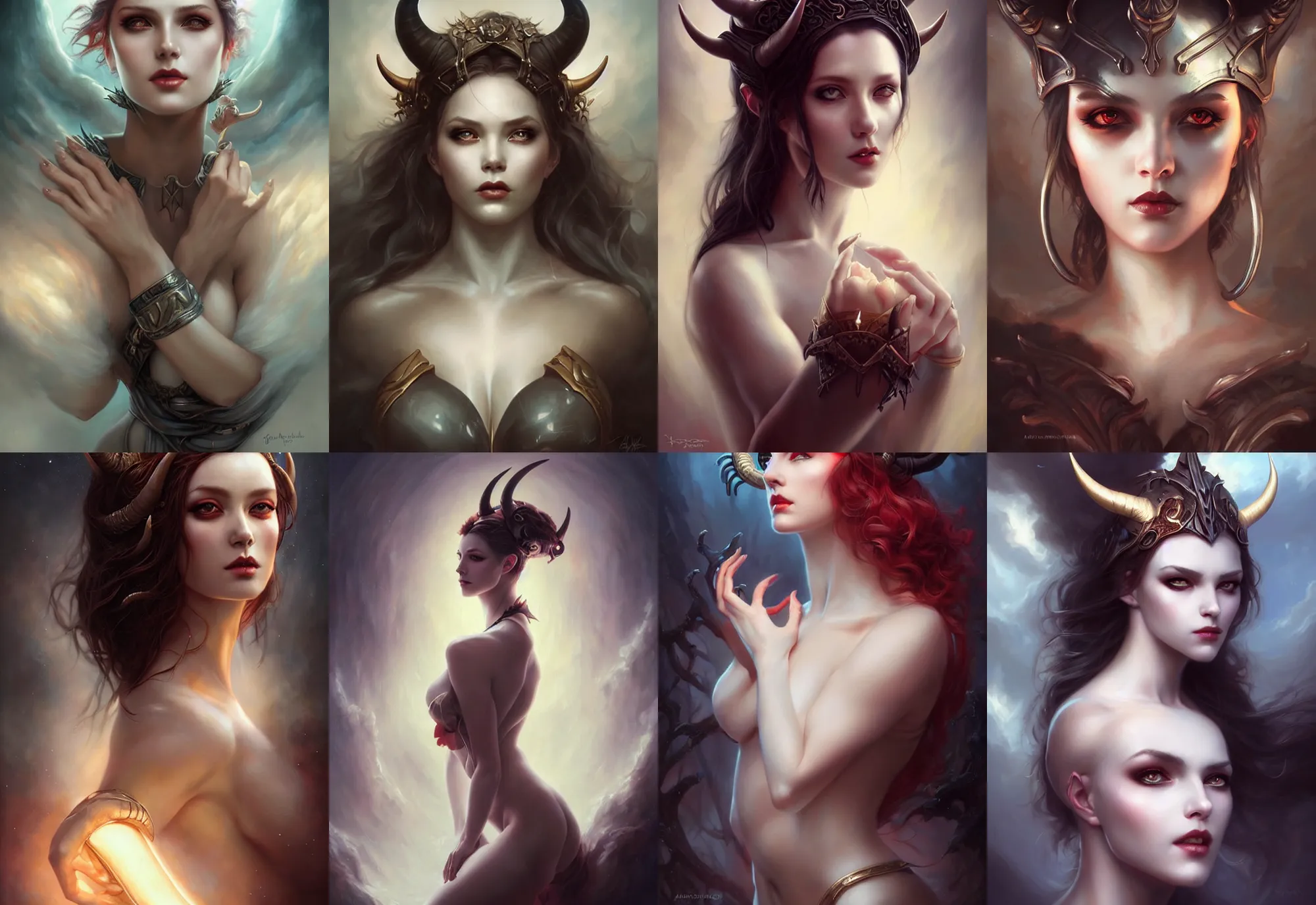 Prompt: a beautiful woman with horns, painted by artgerm and tom bagshaw, fantasy art, dramatic lighting, highly detailed oil painting