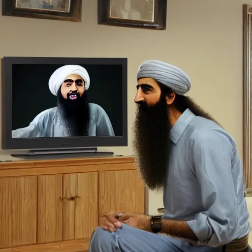 Prompt: Osama bin laden playing Wii bowling, realistic, 4k, hd, TV, plants