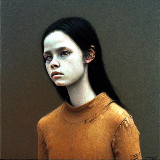 Prompt: portrait of 15 years old girl, painting by Beksinski