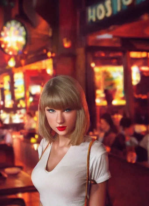 Image similar to a close - up, color cinema film still of a taylor swift as a waitress at hooters, cinematic lighting at night.