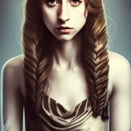 Prompt: in the style of halim ghodbane, artgerm, beautiful taissa farmiga, steampunk, elegant pose, middle shot waist up, symmetrical face symmetrical eyes, cinematic lighting, detailed realistic eyes, short neck, insanely detailed and intricate elegant