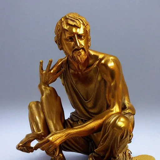 Image similar to golden statue of a beggar, realistic, detailed,