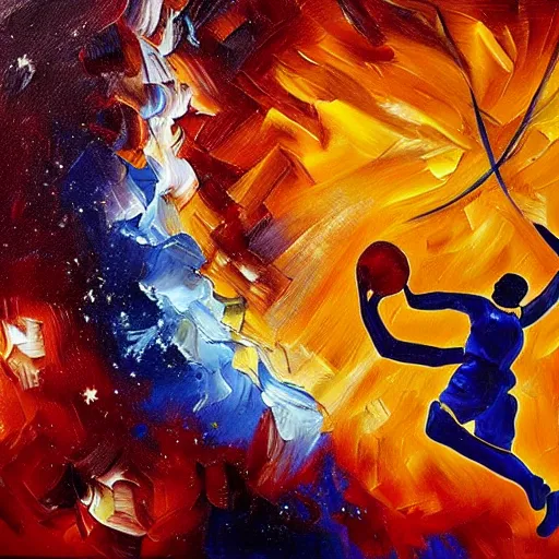 Image similar to an expressive oil painting of a basketball player dunking, depicted as an explosion of a nebula