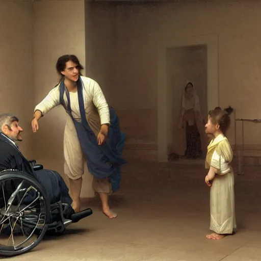 Image similar to a male patient in a wheelchair in the hospital with his wife and son standing by. happy, cheerful, smiling, intricate, face enhance, cinematic lighting, featured in artistation, 8 k, art by greg rutkowski, william adolphe bouguereau