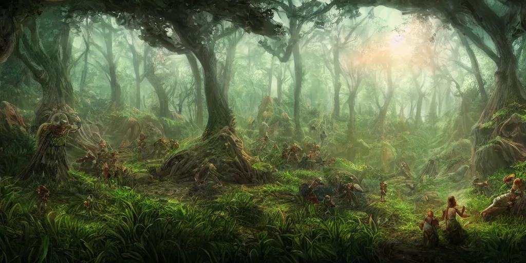 Image similar to forest biome full of dwarves and fairies, fantasy apocalypse, digital art, 4 k