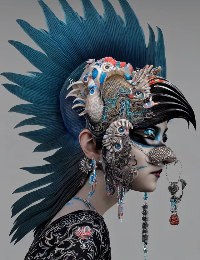 Image similar to 3 d goddess close - up profile portrait punk with mohawk with ram skull. beautiful intricately detailed japanese crow kitsune mask and clasical japanese kimono. betta fish, jellyfish phoenix, bio luminescent, plasma, ice, water, wind, creature, artwork by tooth wu and wlop and beeple and greg rutkowski