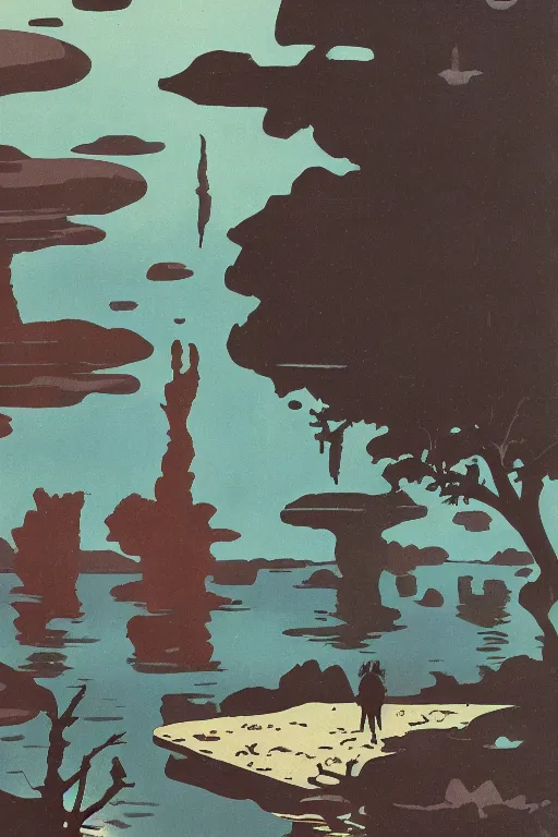 Prompt: a view of water, rocks, trees, and sky by karel thole and mike mignola