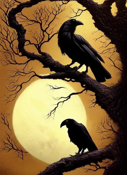 Image similar to side portrait dark crow on tree in front of the full big moon, fine art, awesome fantasy book cover on Pinterest, award winning, fantasy forest landscape, fantasy magic, dark golden light night, intricate, elegant, sharp focus, illustration, highly detailed, digital painting, concept art, matte, art by WLOP and Artgerm and Greg Rutkowski, masterpiece, trending on artstation