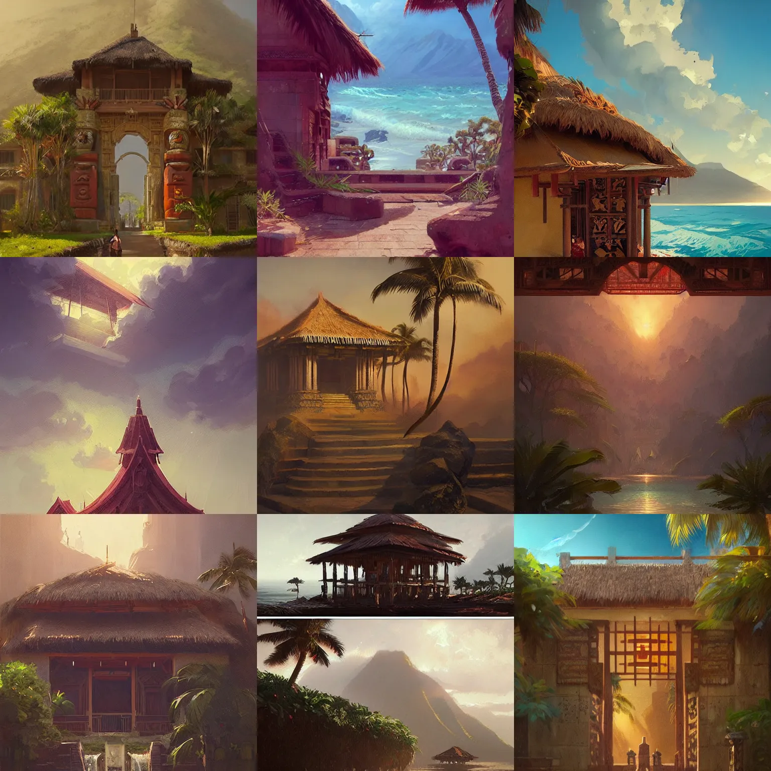 Prompt: hawaiian architecture and symbols by greg rutkowski, trending on artstation, favorites on deviantart, high quality art. artwork masterpieces, award winning