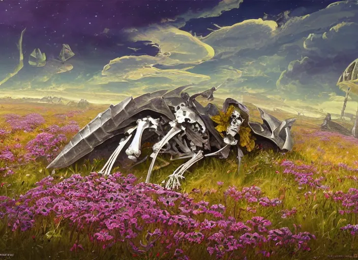 Prompt: a knight's skeleton killed long ago lays in a vast flower field in the cosmic sky by vladimir volegov and alexander averin and peder mørk mønsted and adrian smith and raphael lacoste