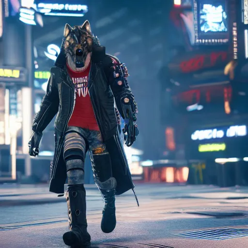 Prompt: 3d render of detective canis lupus wolf muzzle wearing a leather jacket in cyberpunk 2077