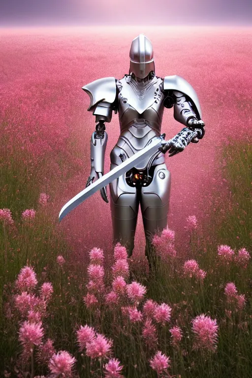 Image similar to ultrarealistic cinematic cyborg dragon holding sword in a field of pale pink flowers, highly detailed smooth digital art masterpiece, vitaly bulgarov artgerm dramatic light, ground angle uhd 8 k, sharp focus