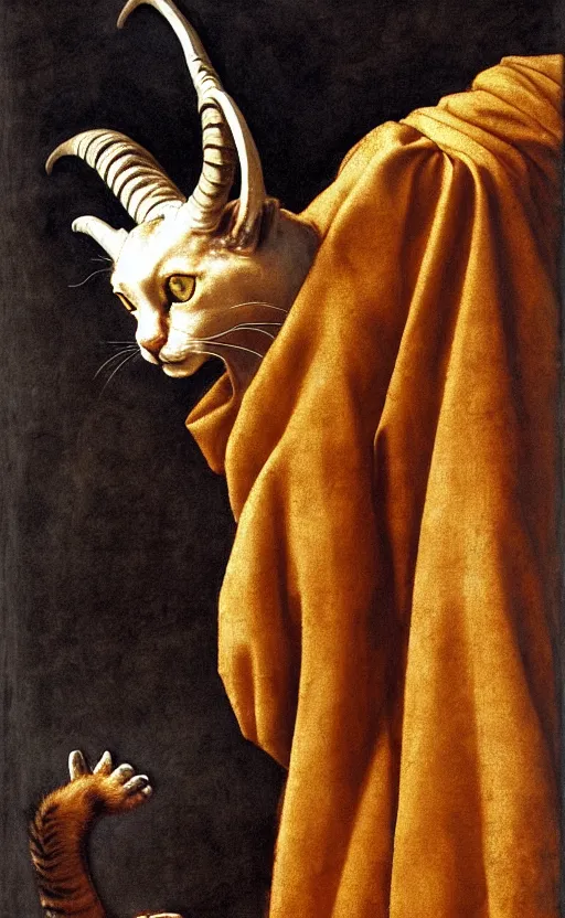 Image similar to a bipedal cat that has goat horns, anthropomorphic cat that is wearing robes, matte oil painting, by leonardo da vinci, by michelangelo, d & d, fantasy, concept art, cosmic, magical, fog, noble, full body portrait, intricate, ornate, extremely detailed, cult, ritual, sharp focus, 4 k, 8 k