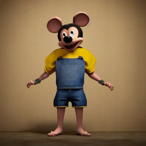 Prompt: 3 d render, portrait, upper body shot, mid shot, anthropomorphic mouse, female, wearing denim short shorts and a off yellow tank top shirt, in the style of disney's robben hood