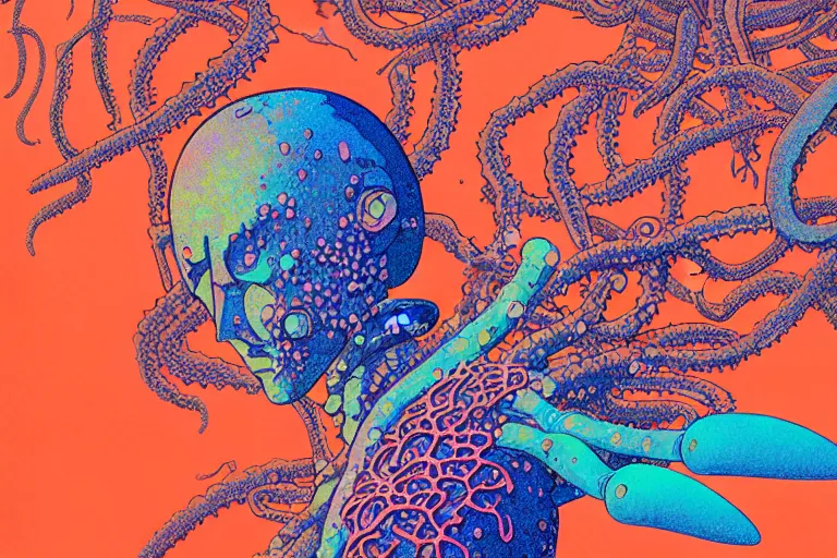 Image similar to risograph grainy drawing vintage sci - fi, satoshi kon color palette, gigantic gundam full - body covered in iridescent dead coral reef 1 9 6 0, kodak, with lot tentacles, natural colors, codex seraphinianus painting by moebius and satoshi kon and dirk dzimirsky close - up portrait