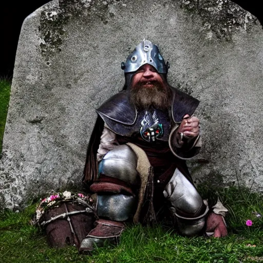 Prompt: A Dwarf clad in armor kneeling down in front of a gravestone near the edge of a cliff overlooking a village, breathtaking shot, award winning, widescreen, fantasy illustration, vivid colors,