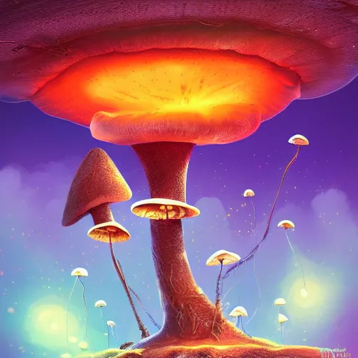 Image similar to mushrooms growing on a lost spaceship floating through the universe, 8k high definition digital art, trending on artstation