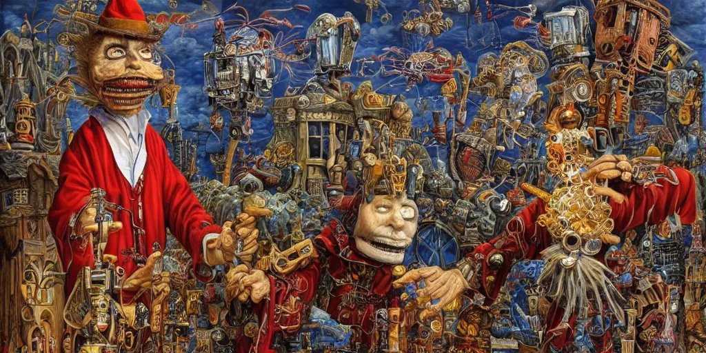 Image similar to a robed wizard, puppeteering a toy robot, in the style of michael cheval, surreal, highly detailed, super intricate, whimsical and surreal. wizard and robot puppet