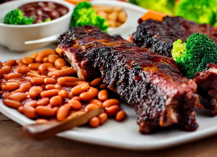 Prompt: dslr food photograph of a rack of ribs with a side of broccoli and baked beans of candy, 8 5 mm f 1. 8