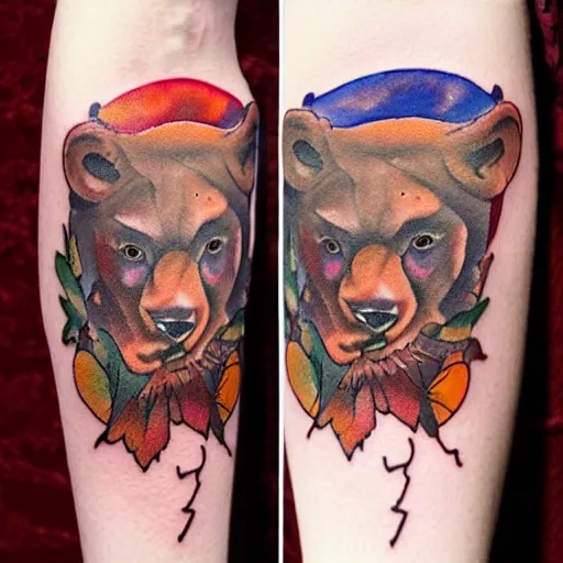 Image similar to tattoo style of a man with a bear's head, color restoration, watercolor, high quality ink, reds and purples, browns and earth colors