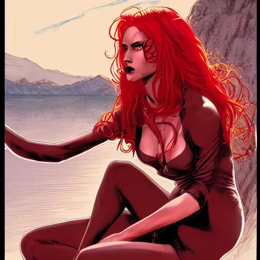 Image similar to a beautiful comic book illustration of a vampire woman with long red hair sitting near a lake by Jerome Opeña, featured on artstation