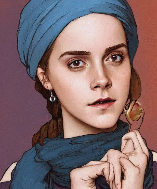 Image similar to Emma Watson as the girl with the pearl earring, highly detailed, digital painting, artstation, concept art, smooth, sharp focus, illustration, ArtStation, art by artgerm and greg rutkowski and alphonse mucha and J. C. Leyendecker and Edmund Blair Leighton and Katsuhiro Otomo and Geof Darrow and Phil hale and Ashley wood and Ilya repin and Charlie Bowater