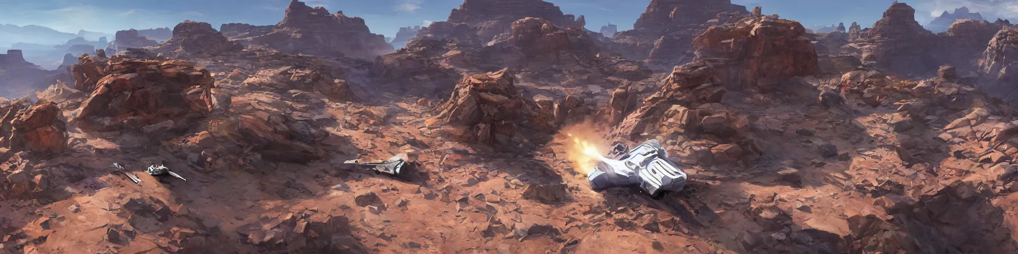 Image similar to spacecraft speed race road into the mountain rocks like grand canyon. Illustration by Blizzard and Ubisoft