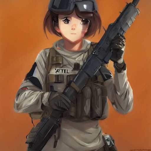 Image similar to anime girl in a united states army special forces uniform, digital art, portrait, krenz cushart, christopher balaskas