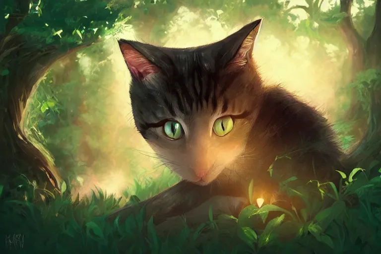 Image similar to cat in the forest, backlighting, digital art, trending on artstation, fanart, by kawacy