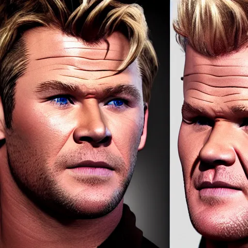 Image similar to chris hemsworth and gordon ramsay crossbreed, rendered in 3 d by xie boli, trending on artstation, 4 k, 8 k, photorealistic imagery, photorealistic details, intricate, highly detailed