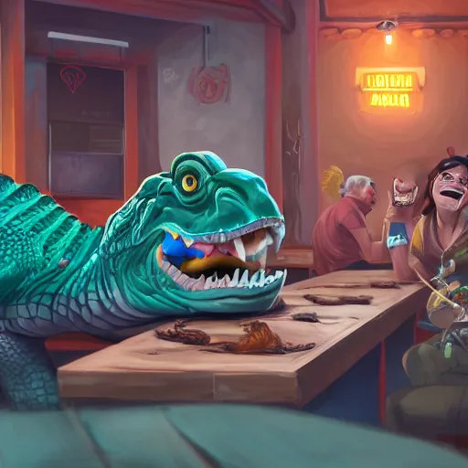 Prompt: raucous laughing crocodile bandit at a bar, overwatch, studio ghibli, ultra detailed, digital painting, trending on artstation, colorful, cinematic, concept art