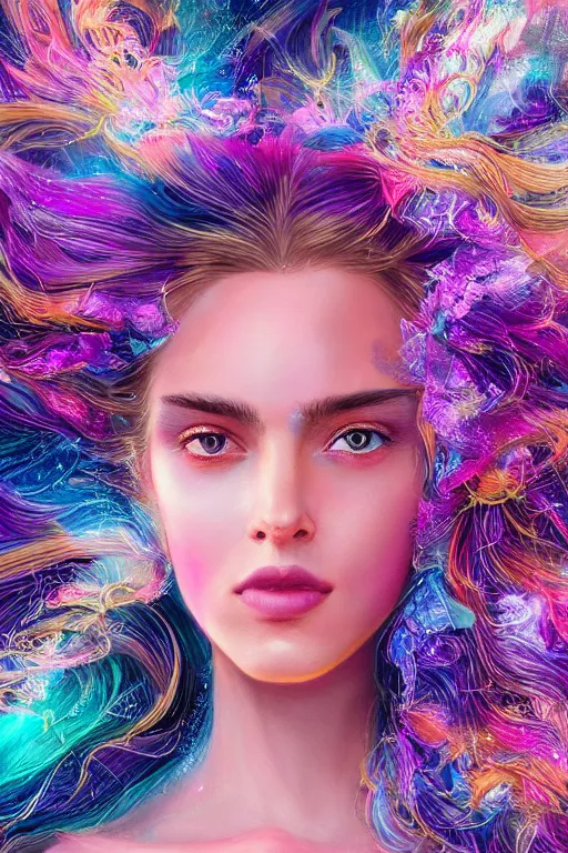 Prompt: a super realistic young woman, magical, windblown, intricate, synthwave, retrowave, colorful, vibrant, highly-detailed, elegant, dramatic lighting, gorgeous face, lifelike, photorealistic face, long luxurious intricate gown, digital painting, artstation, illustration, concept art, smooth, sharp focus, art by Jude Palencar, John Collier, artgerm, and Albert Aublet and Krenz Cushart and Artem Demura and Alphonse Mucha