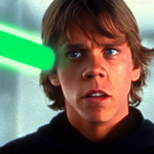 Image similar to A still of Luke Skywalker holding his green lightsaber and looking concerned from Star Wars, 1990, Directed by Steven Spielberg, 35mm