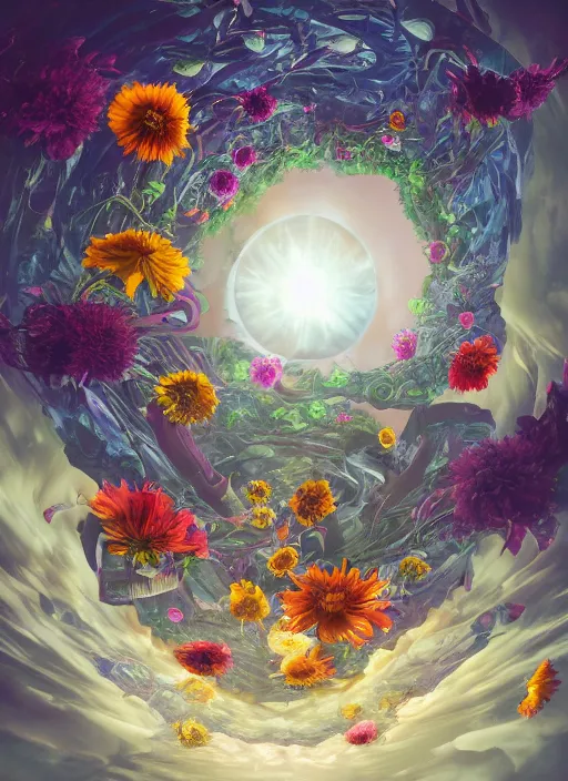 Prompt: An epic fantastic realism comic book style painting of the most beautiful spiraling entwined flowers launched exquisitely across the dark spinning universe, floating bouquets, exploding sun, fisheye lens, unreal 5, DAZ, hyperrealistic, octane render, dynamic lighting