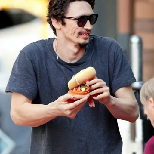 Prompt: James Franco eating a hotdog