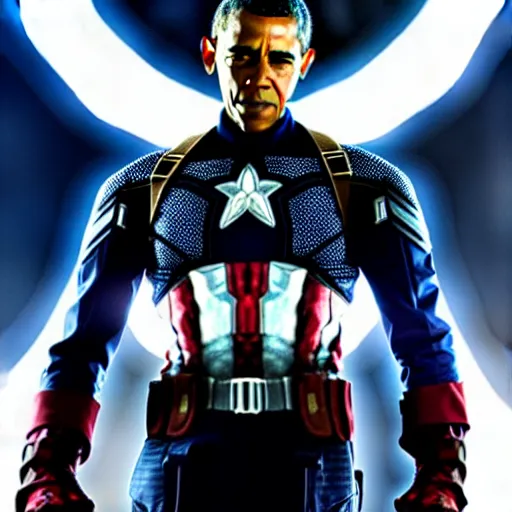 Prompt: barack obama as captain america in the avengers. movie still. cinematic lighting.