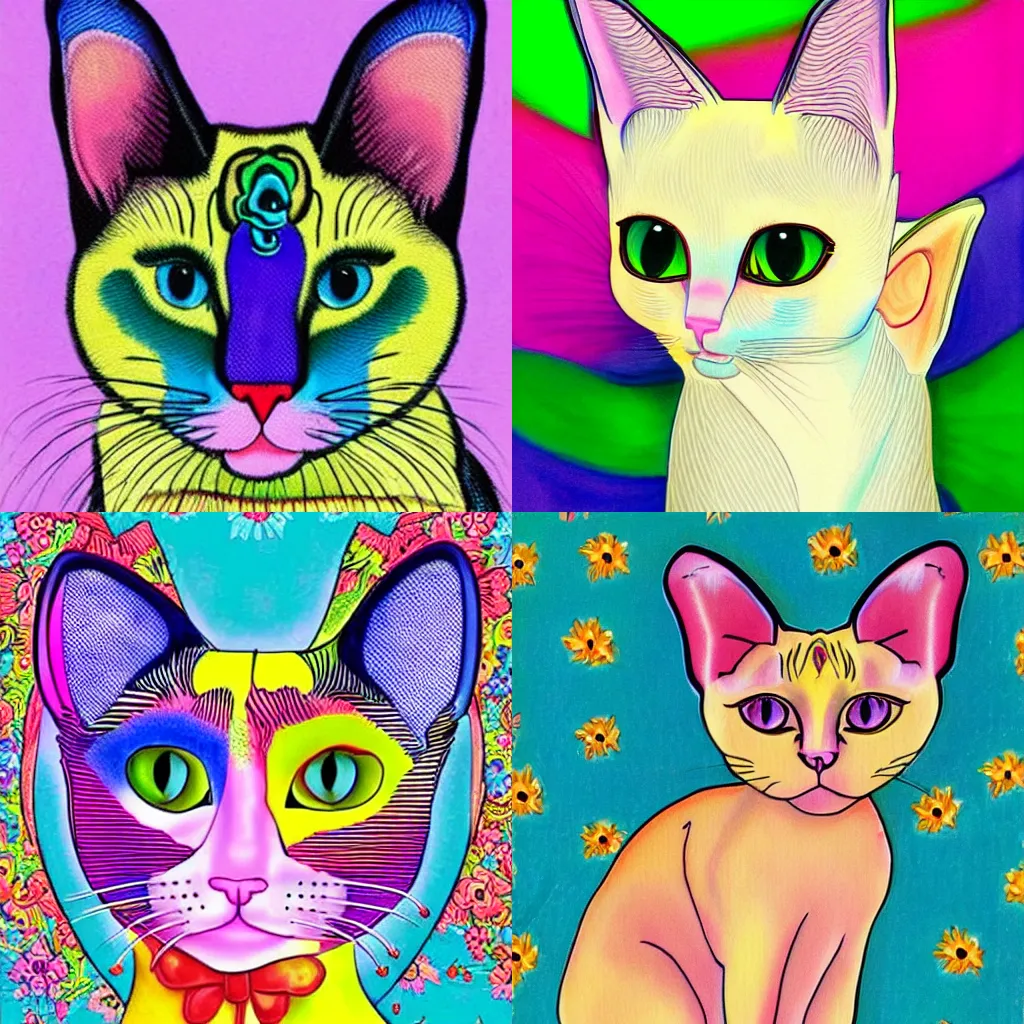 Prompt: Siamese cat by Lisa Frank
