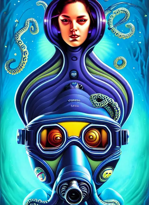 Image similar to cosmic lovecraft scuba diver portrait, pixar style, by tristan eaton stanley artgerm and tom bagshaw.