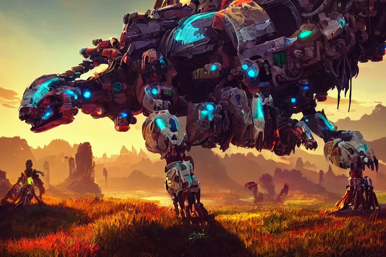 Image similar to tideripper machine mecanical creature robot of horizon forbidden west horizon zero dawn radiating a glowing aura global illumination ray tracing hdr fanart arstation by ian pesty and alena aenami artworks in 4 k