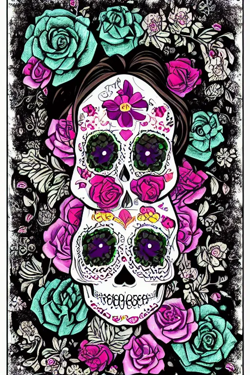 Image similar to illustration of a sugar skull day of the dead girl, art by joe petagno