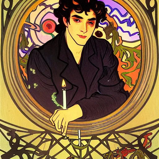 Image similar to painting of young cute handsome beautiful dark medium wavy hair man in his 2 0 s named shadow taehyung and cute handsome beautiful min - jun together at the halloween! party, bubbling cauldron!, candles!, smoke, autumn! colors, elegant, wearing suits!, delicate facial features, art by alphonse mucha, vincent van gogh, egon schiele